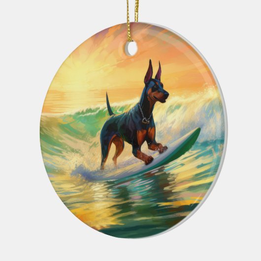 Doberman Beach Surfing Schilderij Keramisch Ornament (Links)