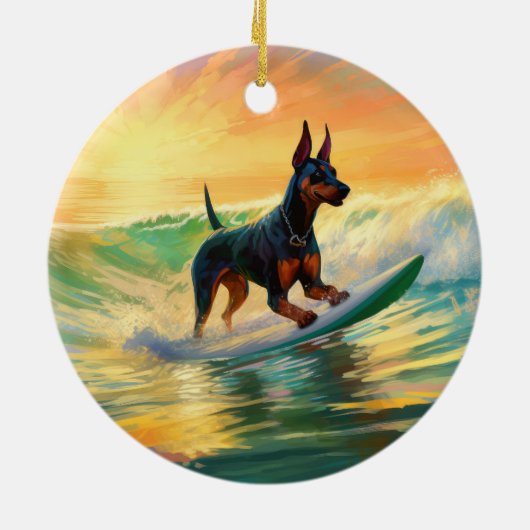 Doberman Beach Surfing Schilderij Keramisch Ornament (Achterkant)