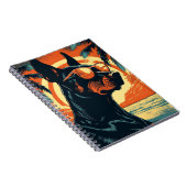 Doberman bij een tropisch strand tijdens zonsonder notitieboek (Rechterzijde)