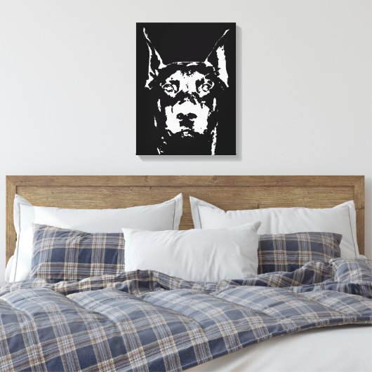 Doberman Black & White Wrapped Canvas afdrukken (Insitu (Slaapkamer))