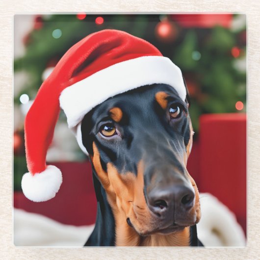Doberman Christmas Glazen Onderzetter (Voorkant)