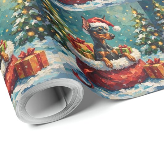 Doberman Christmas Santa Bag Adventure Cadeaupapier (Rol Hoek)