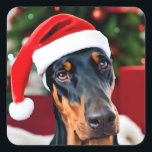Doberman Christmas Vierkante Sticker<br><div class="desc">Cute Doberman met een kersthoed.</div>