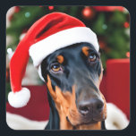 Doberman Christmas Vierkante Sticker<br><div class="desc">Cute Doberman met een kersthoed.</div>