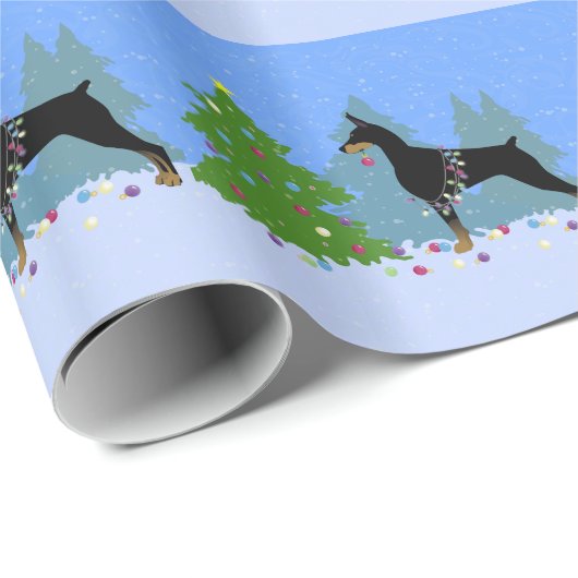 Doberman Decorting Tree in the Forest Cadeaupapier (Rol Hoek)