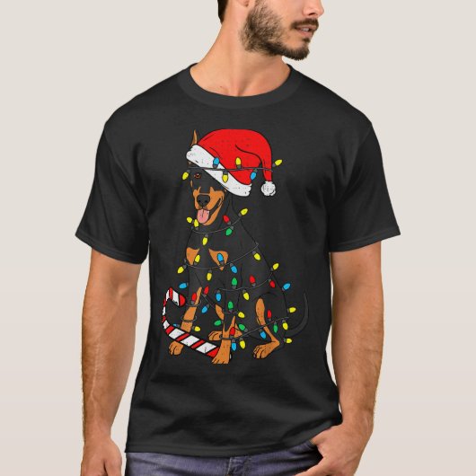 Doberman Dog Christmas Lights Santa Xmas Pet Dog L T-shirt (Voorkant)