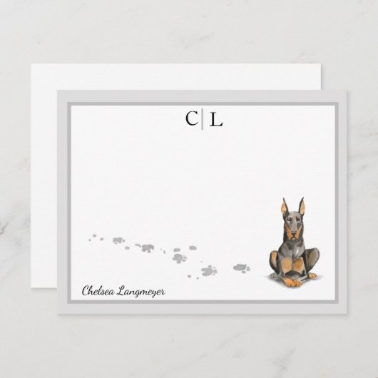 Doberman Dog Gray Border Monogram & Jouw naam Notitiekaartje (Voorkant / Achterkant)
