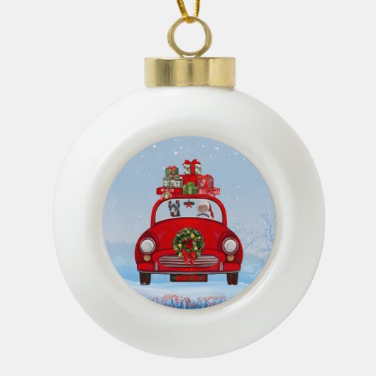 Doberman Dog in auto met kerstman Keramische Bal Ornament (Voorkant)