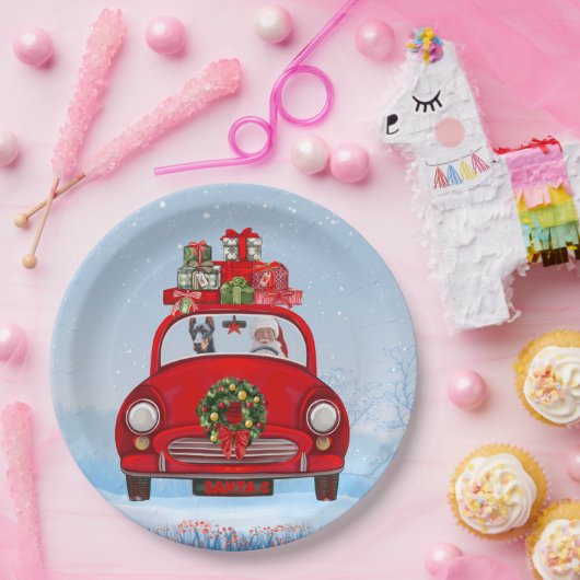 Doberman Dog in auto met kerstman Papieren Bordje (Feest)