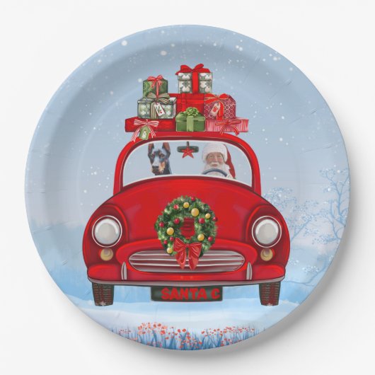 Doberman Dog in auto met kerstman Papieren Bordje (Voorkant)