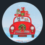 Doberman Dog in auto met kerstman Ronde Sticker<br><div class="desc">De kerstcadeauauto met kerstcadeautjes met een hond is een perfect kerstcadeauidee voor je hondenliefhebber vrienden. Dit is zeker een kerstdecor en cadeauidee voor deze kerst.</div>