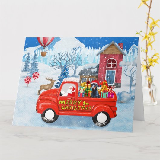 Doberman Dog in kerstcadeauwagen Kaart (Gele Bloem)