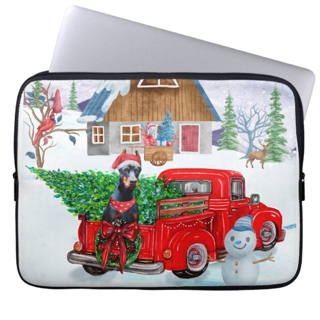 Doberman Dog in kerstcadeauwagen Laptop Sleeve (Voorkant)