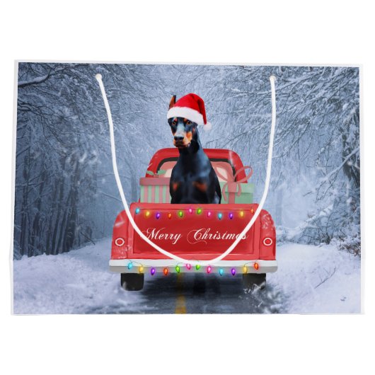 Doberman Dog in sneeuw, met Kerstmis Groot Cadeauzakje (Achterkant)