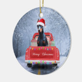 Doberman Dog in sneeuw, met Kerstmis Keramisch Ornament (Links)