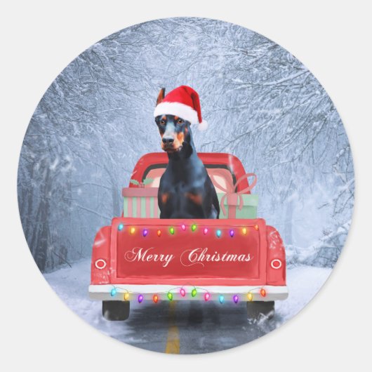 Doberman Dog in sneeuw, met Kerstmis Ronde Sticker (Voorkant)