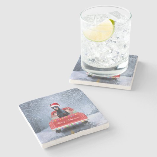 Doberman Dog in sneeuw, met Kerstmis Stenen Onderzetter (Zijkant)