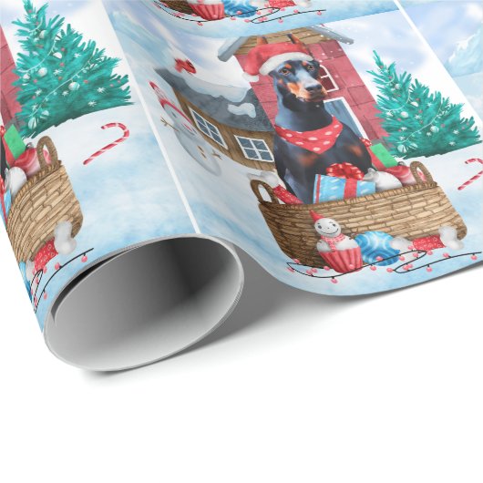 Doberman Dog in sneeuwkersthondenhuis Cadeaupapier (Rol Hoek)