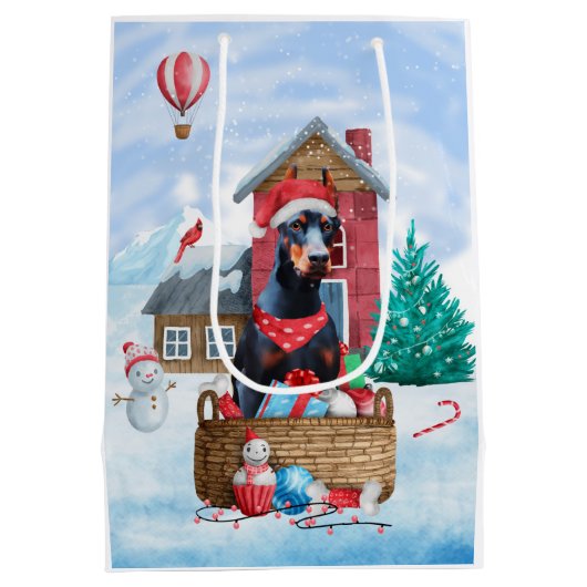 Doberman Dog in sneeuwkersthondenhuis Medium Cadeauzakje (Achterkant)