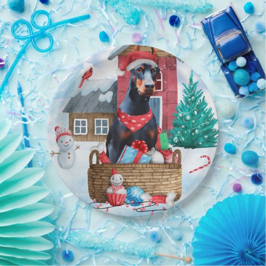 Doberman Dog in sneeuwkersthondenhuis Papieren Bordje (Feest)