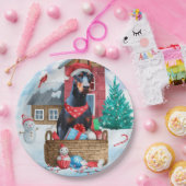 Doberman Dog in sneeuwkersthondenhuis Papieren Bordje (Feest)