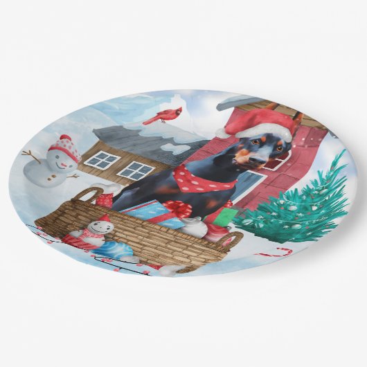 Doberman Dog in sneeuwkersthondenhuis Papieren Bordje (Gekanteld)