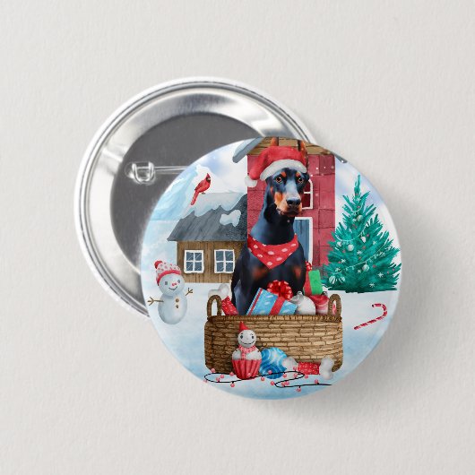 Doberman Dog in sneeuwkersthondenhuis Ronde Button 5,7 Cm (Voorkant /achterkant)
