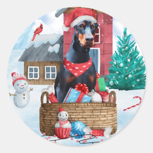 Doberman Dog in sneeuwkersthondenhuis Ronde Sticker (Voorkant)