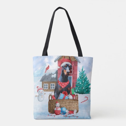 Doberman Dog in sneeuwkersthondenhuis Tote Bag (Achterkant)