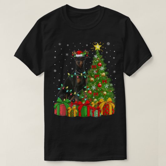 Doberman Dog Lighting Xmas - kerstboom - kerstman T-shirt (Design voorkant)