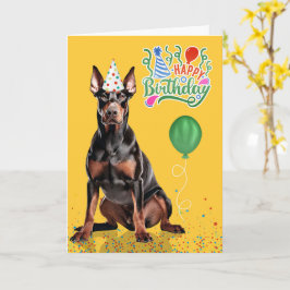 Doberman Dog Party Hat Yellow Birthday Kaart