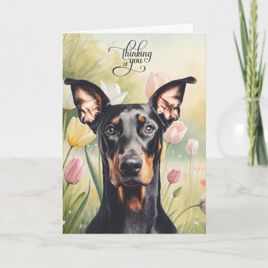 Doberman Dog Pastel Tulips Thinking of You Kaart (Voorkant)
