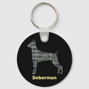 Doberman Dog Silhouette Yellow & Black Grid Lines Sleutelhanger
