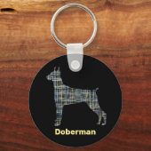 Doberman Dog Silhouette Yellow & Black Grid Lines Sleutelhanger (Voorkant)