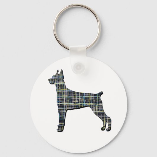 Doberman Dog Silhouette Yellow & Black Grid Lines Sleutelhanger (Achterkant)