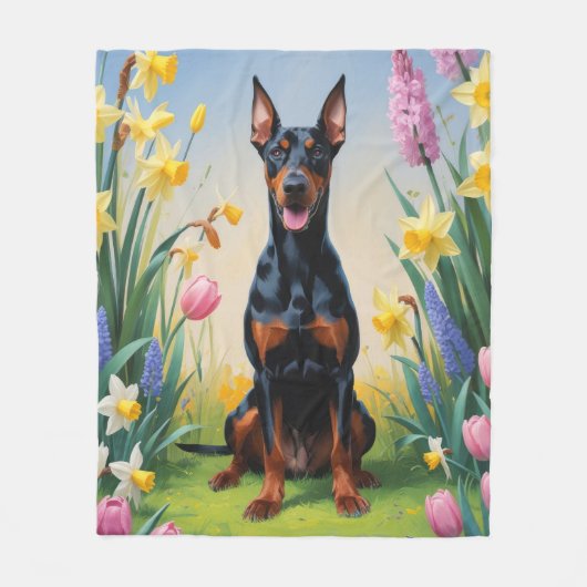 Doberman Dog Spring Bloemen Schilderen Fleece Deken (Voorkant)