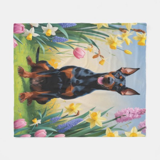 Doberman Dog Spring Bloemen Schilderen Fleece Deken (Voorkant (Horizontaal))