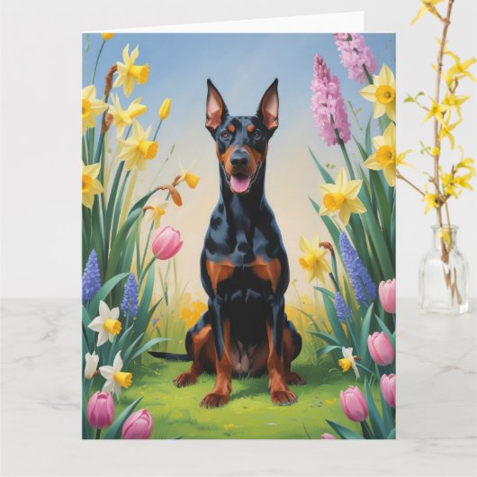 Doberman Dog Spring Bloemen Schilderen Kaart (Gele Bloem)