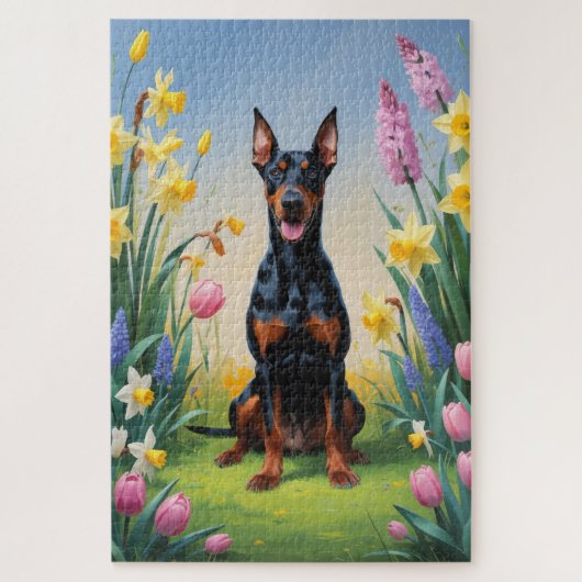 Doberman Dog Spring Bloemen Schilderen Legpuzzel (Verticaal)