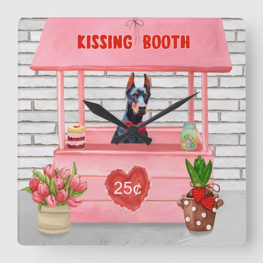 Doberman Dog Valentijnsdag Kissing Booth Vierkante Klok (Voorkant)
