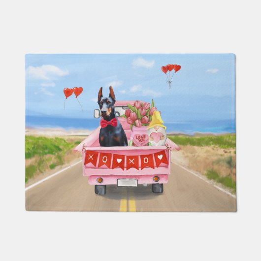 Doberman Dog Valentijnsdag Truck Hearts Deurmat (Voorkant)