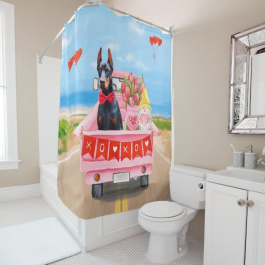 Doberman Dog Valentijnsdag Truck Hearts Douchegordijn (In situ)
