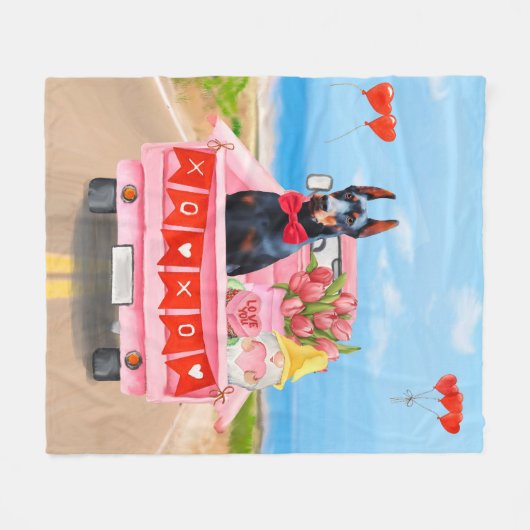 Doberman Dog Valentijnsdag Truck Hearts Fleece Deken (Voorkant (Horizontaal))