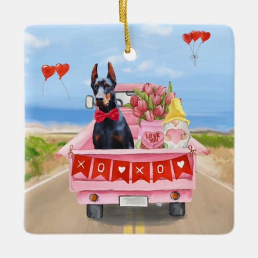 Doberman Dog Valentijnsdag Truck Hearts Keramisch Ornament (Voorkant)