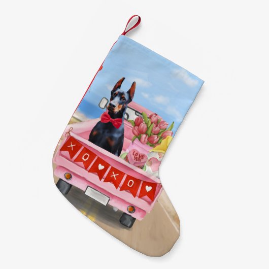 Doberman Dog Valentijnsdag Truck Hearts Kleine Kerstsok (Voorkant (Hangend))
