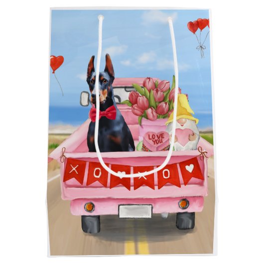 Doberman Dog Valentijnsdag Truck Hearts Medium Cadeauzakje (Achterkant)