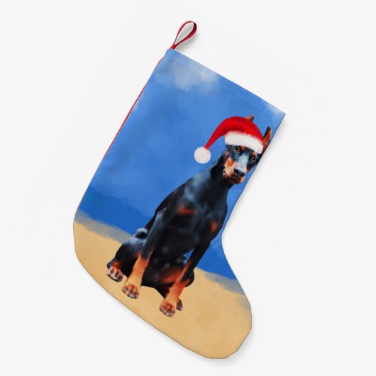 Doberman Dog Zittend op het strand Kerst Pet Kleine Kerstsok (Voorkant (Hangend))