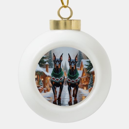 Doberman Dogs Christmas Snow Holiday  Keramische Bal Ornament (Voorkant)