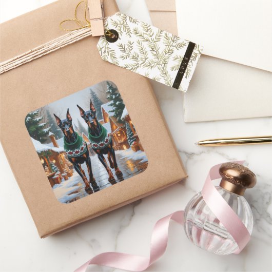 Doberman Dogs Christmas Snow Holiday Vierkante Sticker (Geschenken)