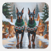 Doberman Dogs Christmas Snow Holiday Vierkante Sticker (Voorkant)